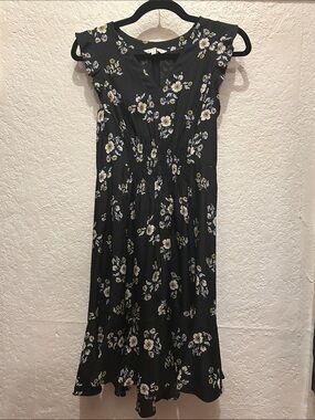 Rebecca Taylor Black Floral Midi Dress with White & Yellow Blooms